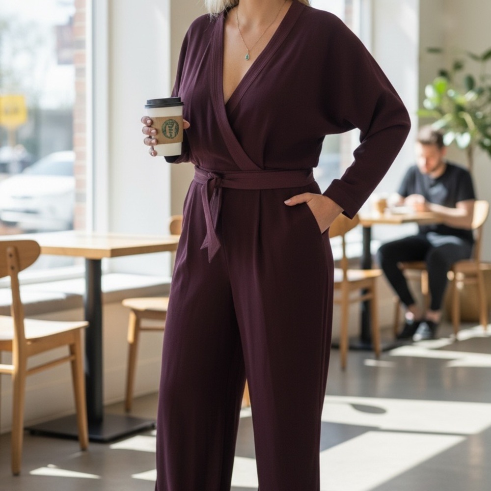 Eliza J Faux Wrap-Front Jumpsuit Deep Plum